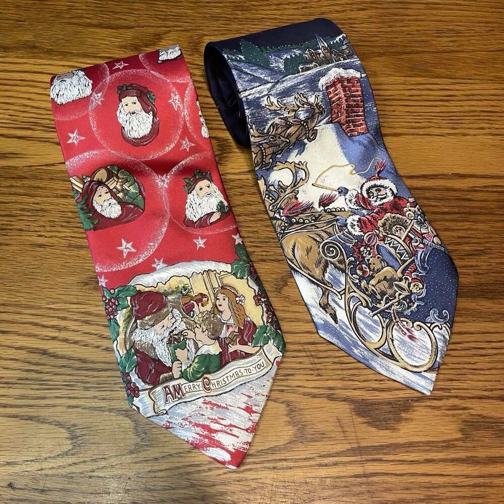 Lot of 2 Vintage Dillard's Mens Christmas Ties 100% Silk Santa Sleigh Holiday
